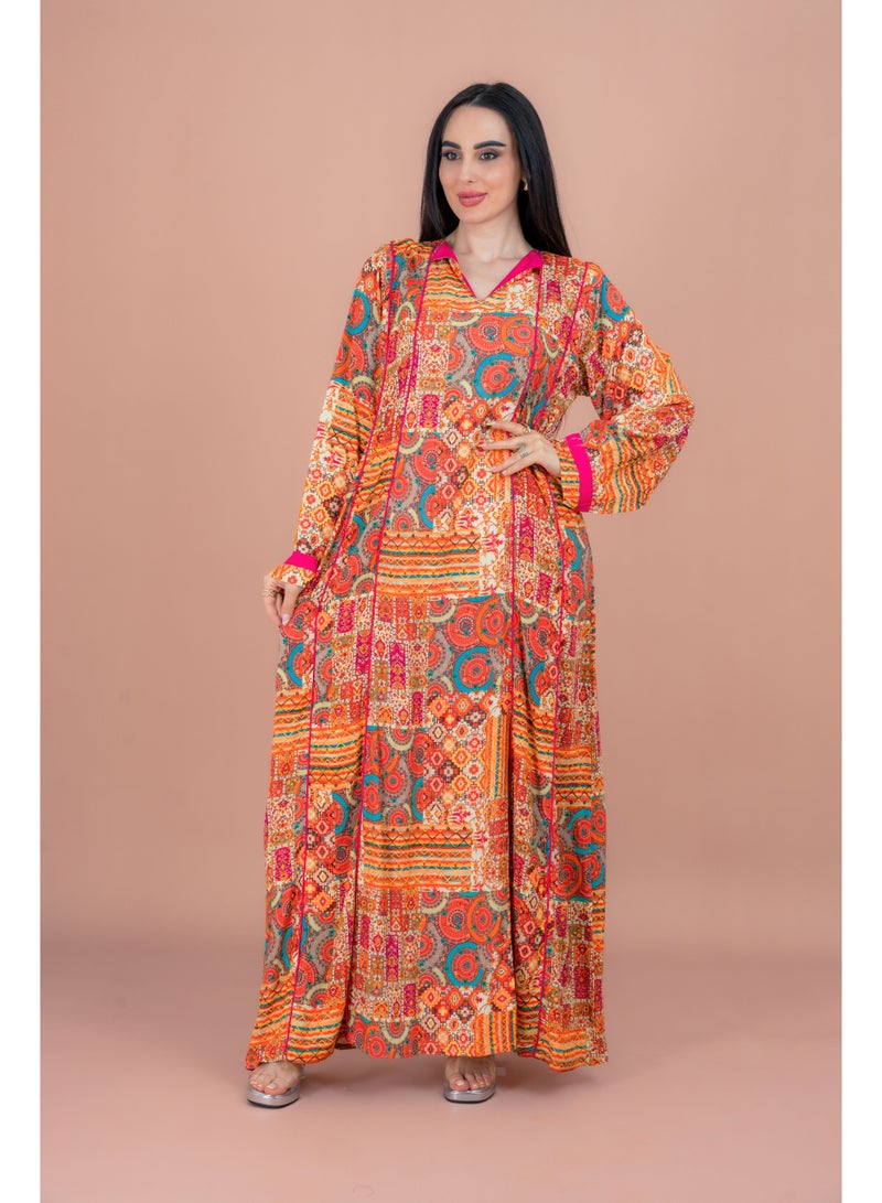 اكسا جلابية عصرية مطبوعة بنقوش برتقالية - Image 1