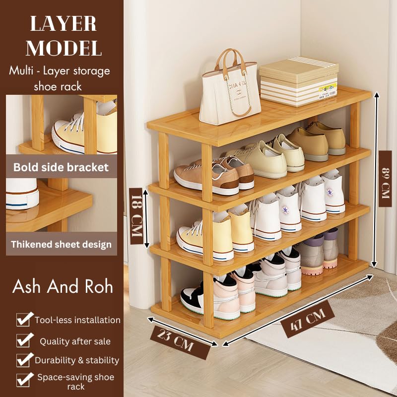 Ash  Roh Ash & Roh Bamboo Shoe Rack - Vertical Shoe Rack for Small Spaces, Tall Narrow Shoe Rack Organizer for Closet Entryway Corner Garage and Bedroom,Skinny Shoe Shelf (47 cm, 4 Section) - Image 3