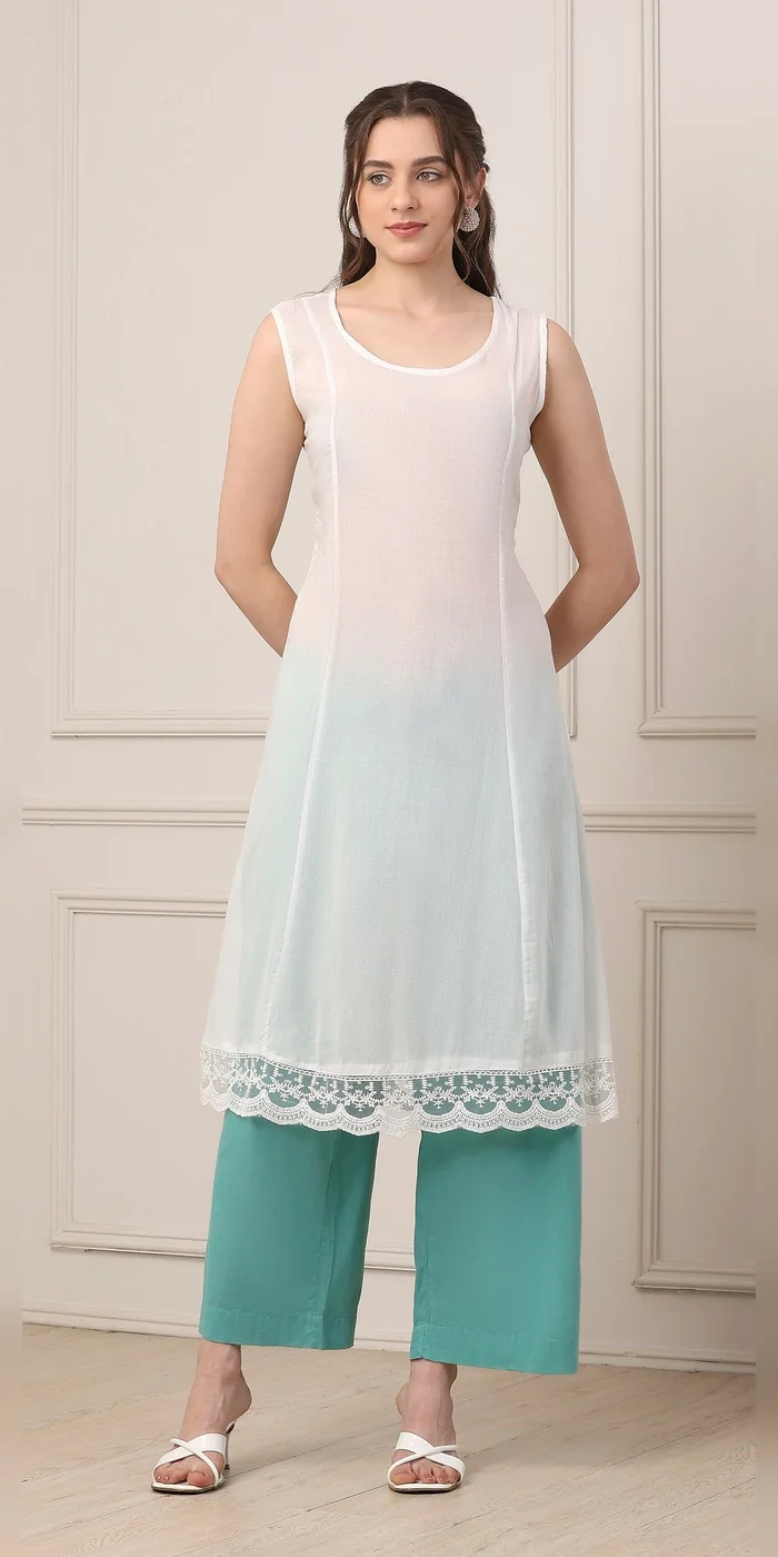Biba  Women Turquoise Cotton Anarkali Kurta Palazzo Suit Set  | Best Price UAE