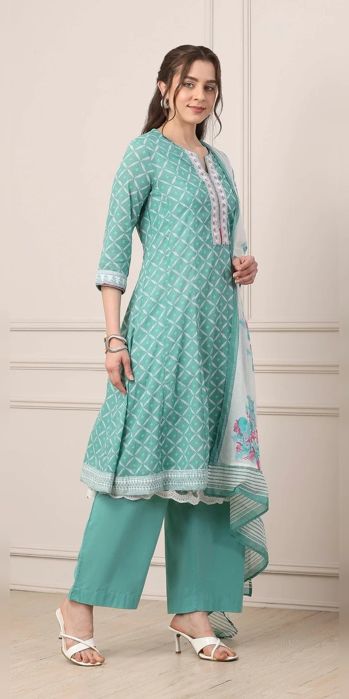 Biba  Women Turquoise Cotton Anarkali Kurta Palazzo Suit Set  | Best Price UAE