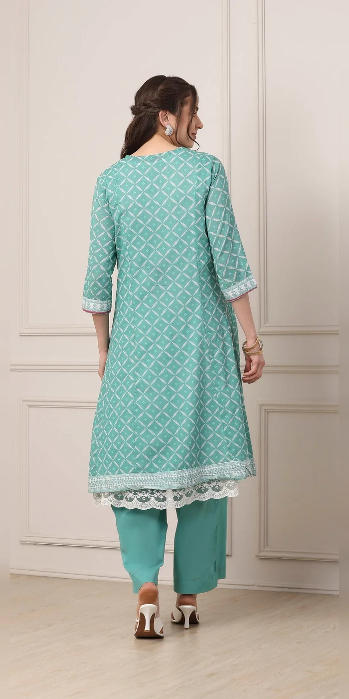 Biba  Women Turquoise Cotton Anarkali Kurta Palazzo Suit Set  | Best Price UAE