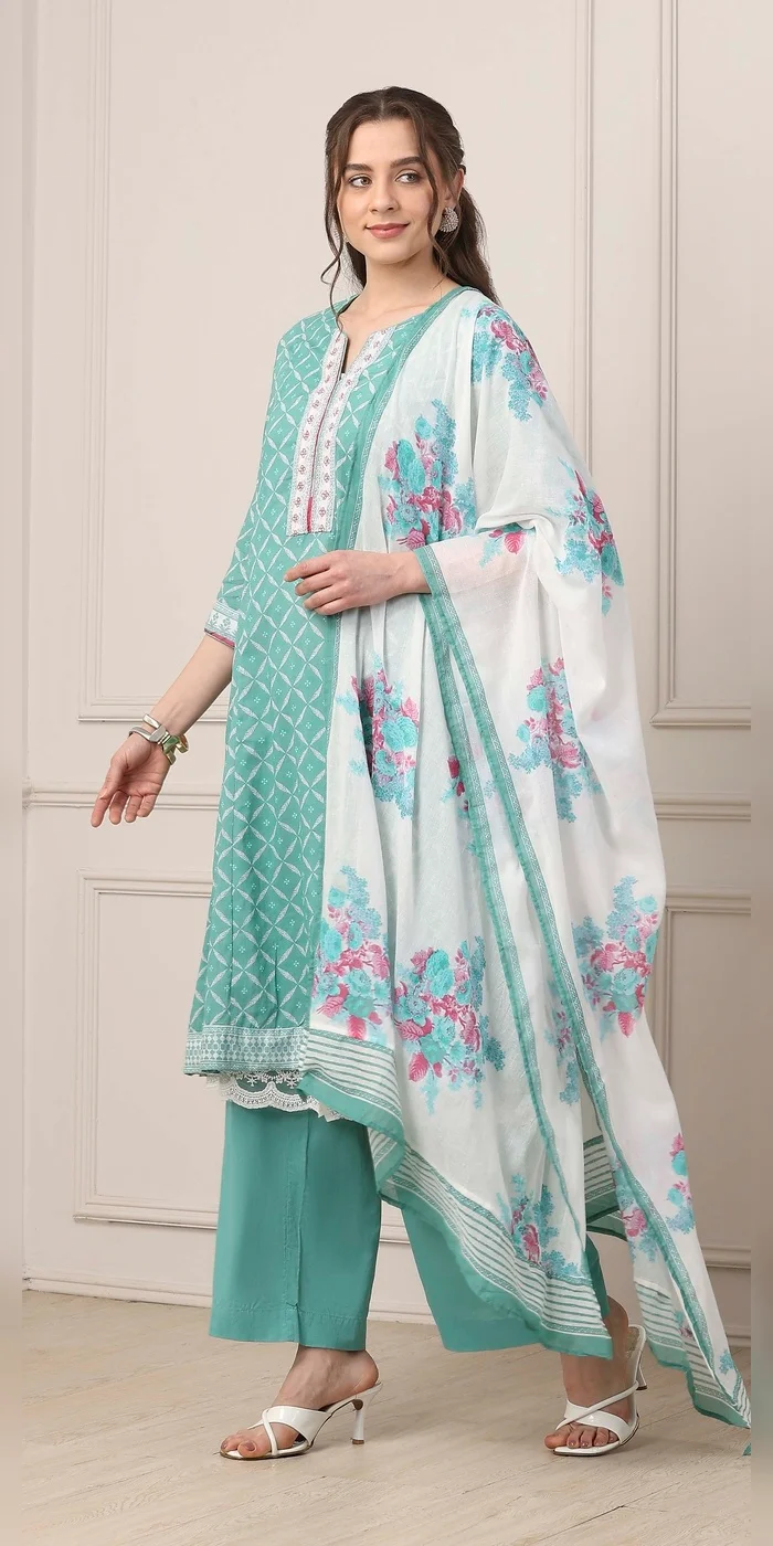 Biba  Women Turquoise Cotton Anarkali Kurta Palazzo Suit Set  | Best Price UAE