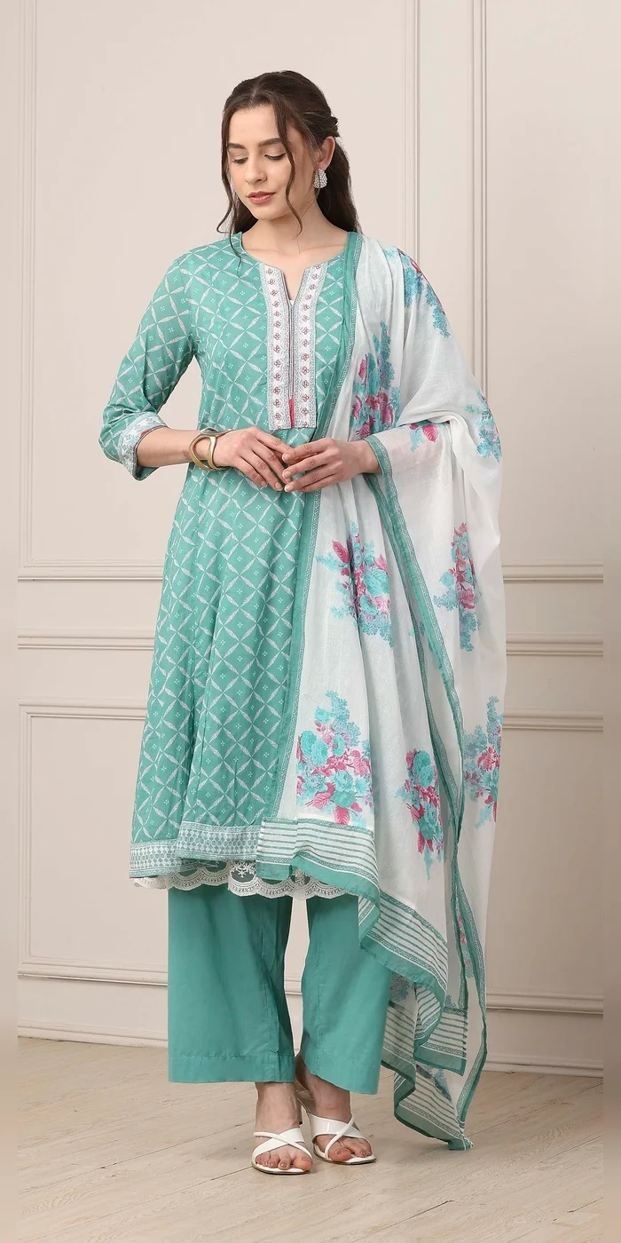 Women Turquoise Cotton Anarkali Kurta Palazzo Suit Set