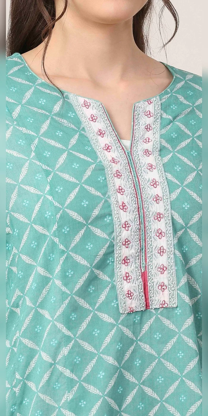 Biba  Women Turquoise Cotton Anarkali Kurta Palazzo Suit Set  | Best Price UAE