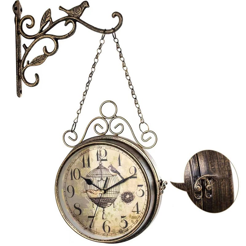 Retro Rust Wall Clock 20th Century 8 Non Ticking Large Iron Antique Hanging Clocks Double Sided Vintage Two Faces Innovative Classic Silent Quartz Round Clock for Office Bedroom Living Room Decor