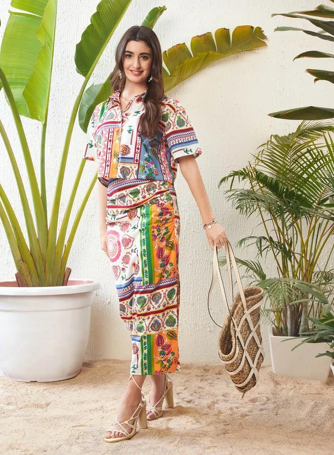 SASSAFRAS Abstract Print Short Sleeve Crop Shirt & Ruched Side Slit Skirt Co-Ord by Styli
