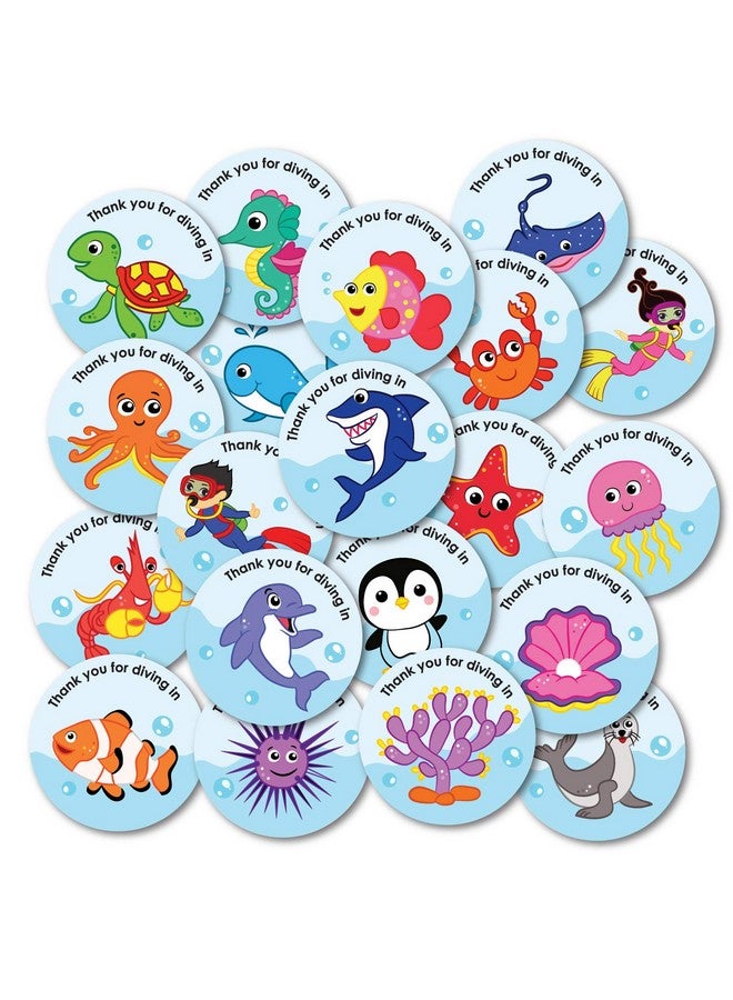 weRevel Paper Underwater Aqua Theme Thank You Party Stickers, 40 Count, 2 Inches, Round, 20 Unique Designs - Image 1