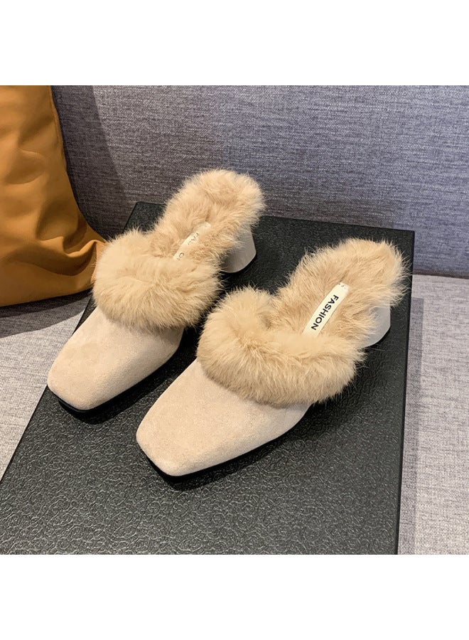 Furry Slippers For Women's Autumn And Winter Outer Wear  New Fashion Baotou High-heeled Slippers Thick Heel Large Size Fleece-lined Mule Shoes