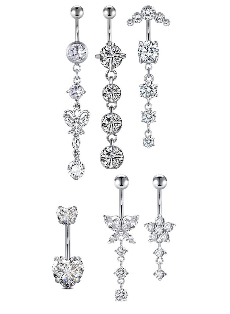 مجموعة 6 قطع من أزرار البطن الفضية الطويلة المرصعة - تألقي مثل بلورات الجليد تحت الأضواء - Image 1