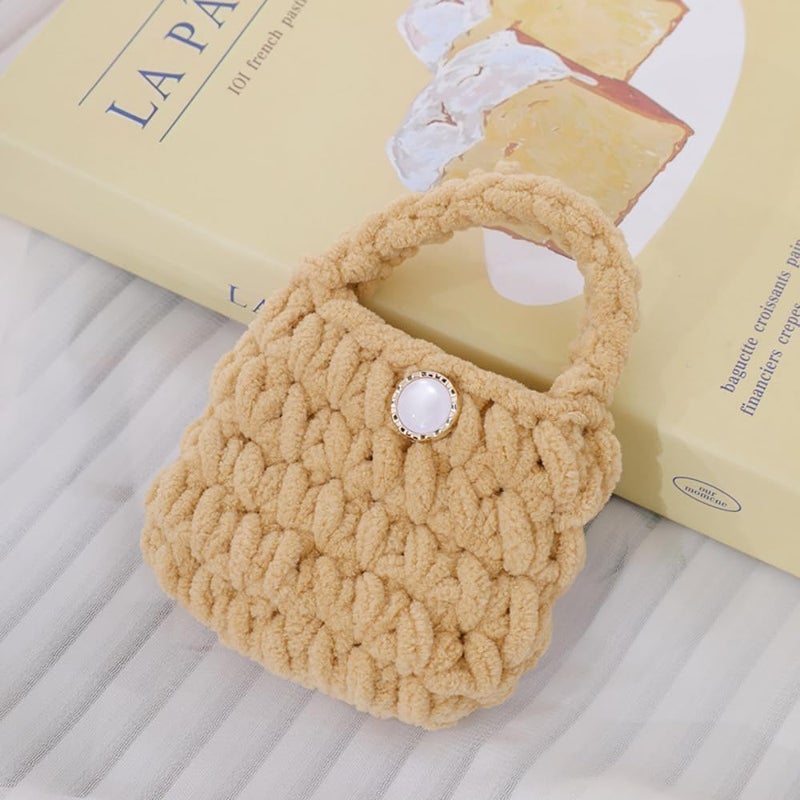 Glitters Plush Mini Handbag with Pearl Button - Pink Knitted Design (Peach) - Image 2