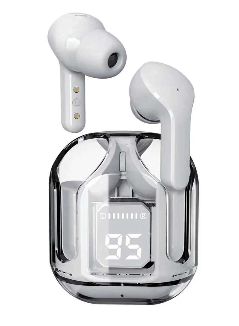 Alteus Air 31 Sports Wireless Earbuds, Bluetooth 5.3, HiFi Stereo Sound, Gym & Running Headphones, Transparent LED Charging Case, Dual Microphone, True Wireless in-Ear — White