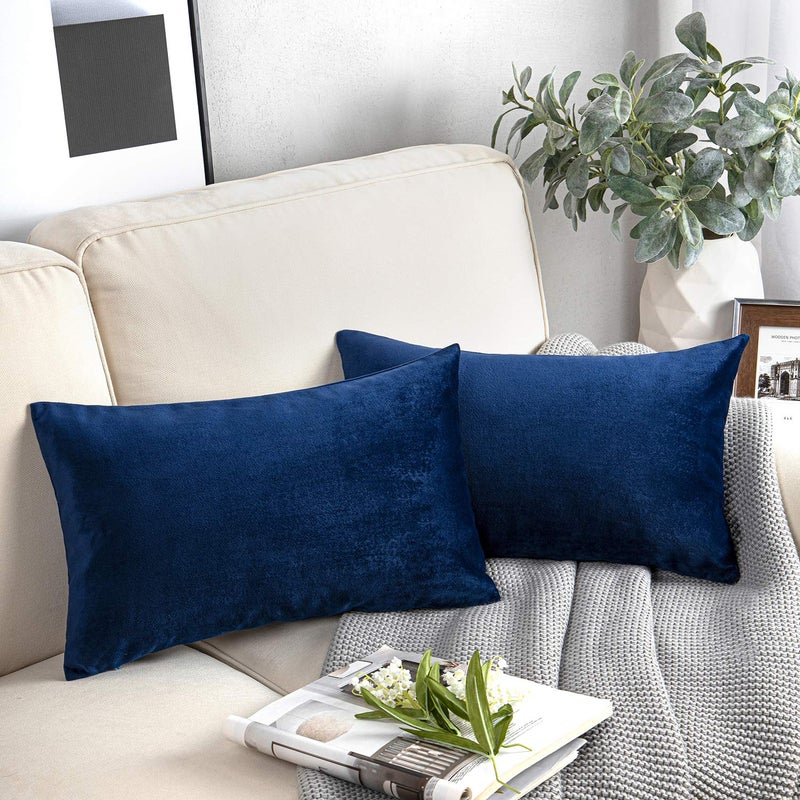 Phantoscope Pack of 2 Velvet Decorative Throw Pillow Covers Soft Solid Square Cushion Case for Couch Navy Blue 12 x 20 inches 30 x 50 cm - Image 1