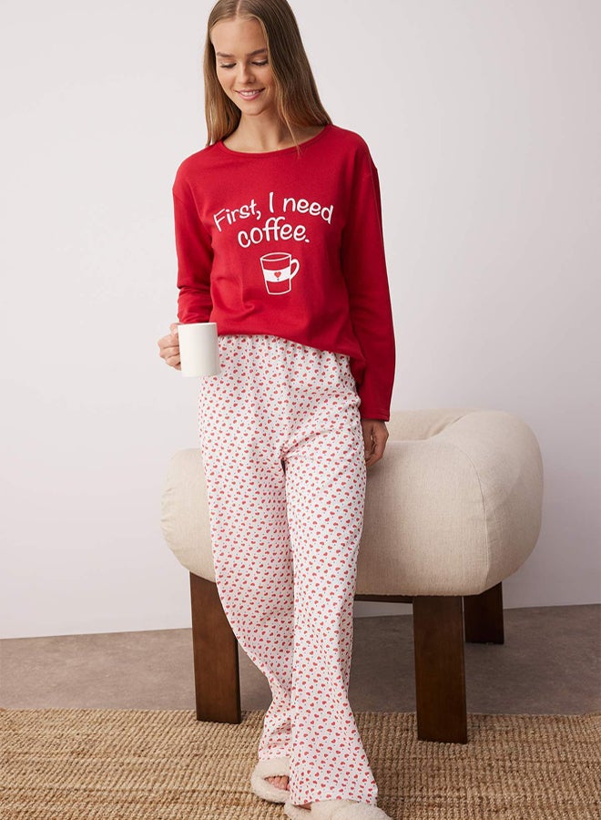 trendyol Red Cotton Heart Slogan Printed Sleep Band Knitted Pajama Set - Image 1