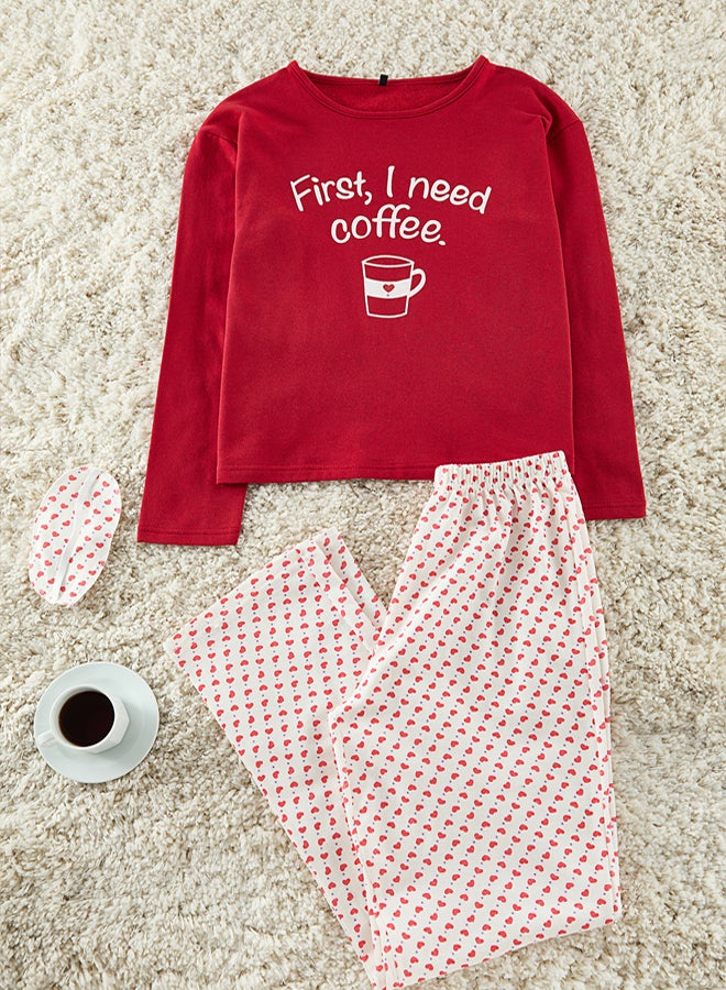 trendyol Red Cotton Heart Slogan Printed Sleep Band Knitted Pajama Set - Image 2