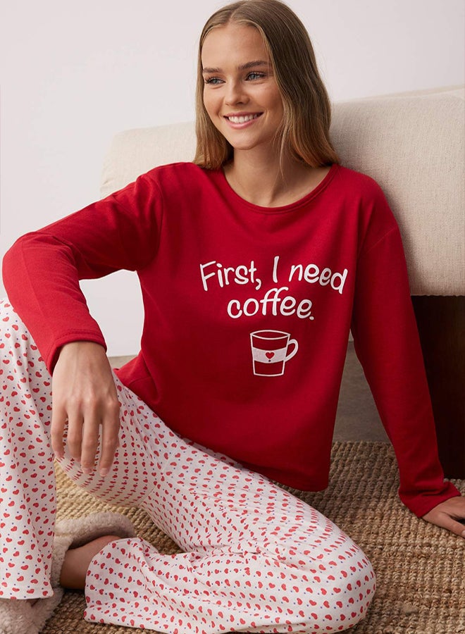 trendyol Red Cotton Heart Slogan Printed Sleep Band Knitted Pajama Set - Image 3