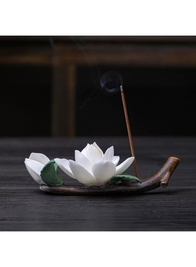 Luckam Incense Holder for Sticks, Handmade Ceramic White Jasmine Flower Aromatherapy Burner, Elegant Home & Office Décor for Yoga Meditation, Gift for Women, Mom, or Grandma - Image 1