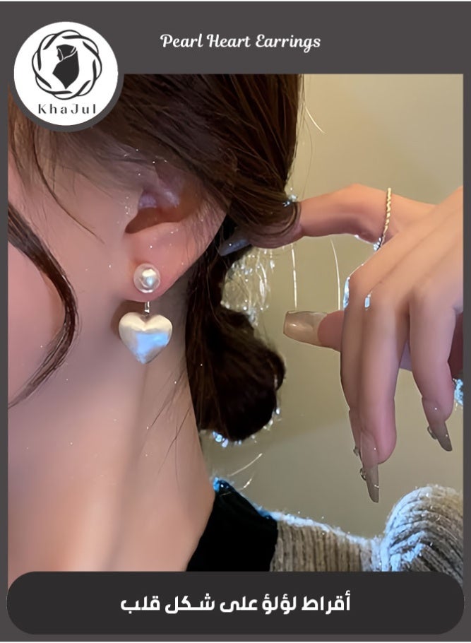 خاجول أقراط قلوب لؤلؤية بالذهب - أقراط معلقة بتصميم قلوب لؤلؤية من الجهتين للنساء - Image 1