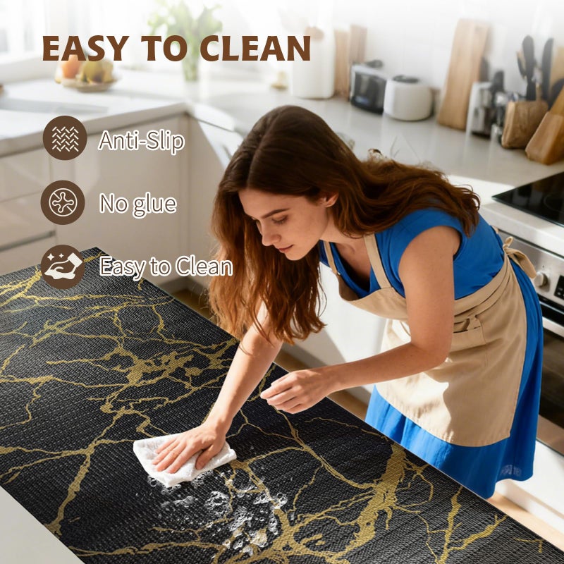 Kimhan 2-Layer Drawer and Shelf Liner for Kitchen Cabinet: 12in X 20Ft Non Slip Waterproof Shelf Paper Non Adhesive Refrigerator Liners Black/Gold Marble Easy Liners for Bathroom with Knife Tape Measure - Image 4