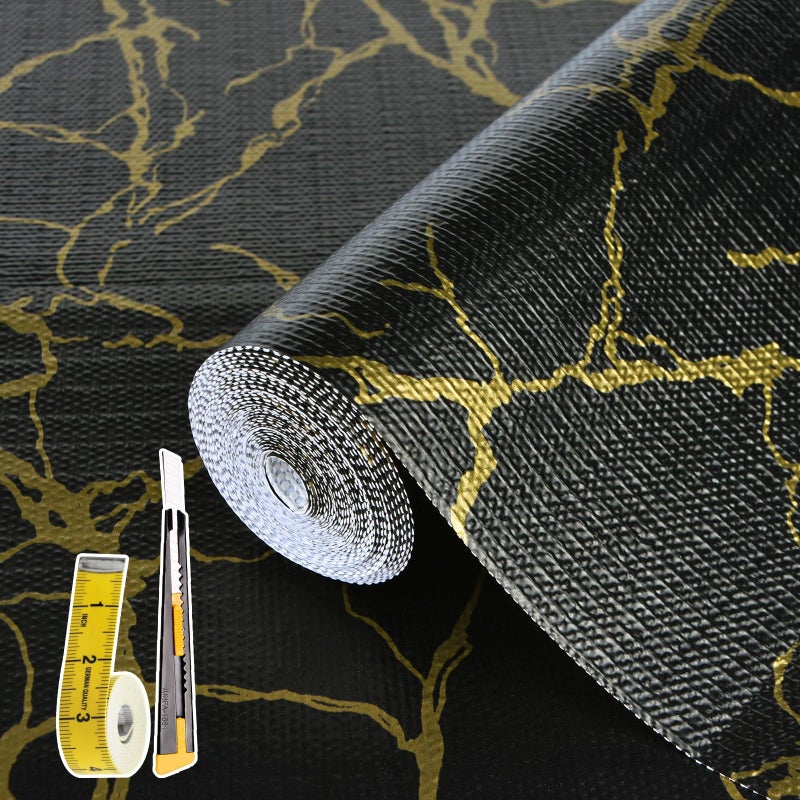 Kimhan 2-Layer Drawer and Shelf Liner for Kitchen Cabinet: 12in X 20Ft Non Slip Waterproof Shelf Paper Non Adhesive Refrigerator Liners Black/Gold Marble Easy Liners for Bathroom with Knife Tape Measure - Image 1