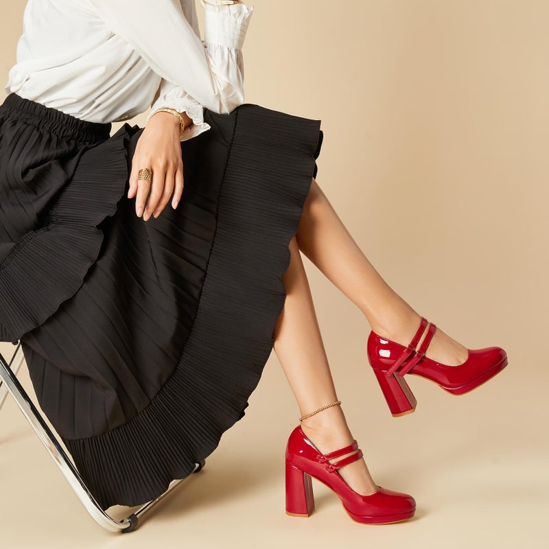 Trary Red Heels for Women, Mary Jane Shoes Platform Chunky Block High Heels with Buckle Strap Comfortable Dress Pumps for Office Party Casual Round Toe Pumps Shoes, Size 9 - Image 2