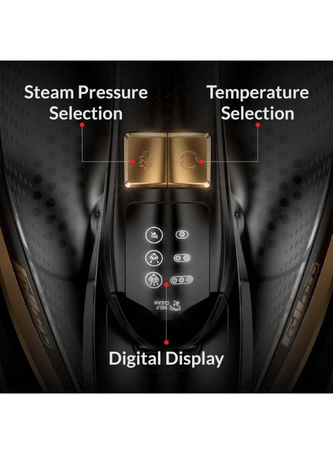 Feller Steam Iron 3000W,Grab-to-Steam Technology, Prime Gold Ceramic 2x Sole Plate+Anti Calc, Anti Drip, Auto Shut Off, Display, Turbo Steam, SI300,2Y Guarantee-UAE Version (Gold) - Image 5