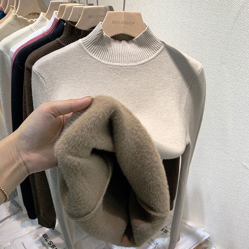 Womens half turtleneck long-sleeved sweater 2024 autumn and winter New undershirt fleece-lined thick warm western style topWarm natural heating-khaki Warm natural heating-khaki