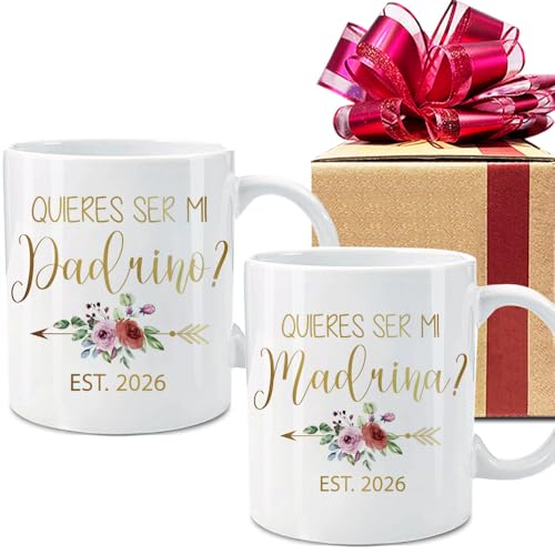 Dnuiyses Quieres Ser Mi Madrina & Quieres Ser Mi Padrino 2026 Mug Set, Gold Foil Design Godparents Bautizo Recuerdos Juego Tazas, Madrina Padrinos Godparent De Bautizo Propuesta Taza De Café - Image 1