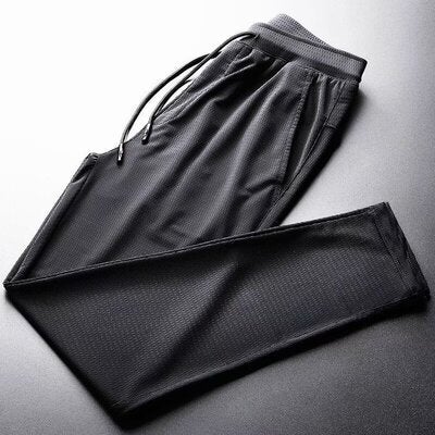 Generic Work Wear Cool Wide Leg Long Pants Mens Ice Silk Casual Pants Summer Thin Mesh Quick-drying Sports High Elastic Black Nine-point Mesh Straight Pants
