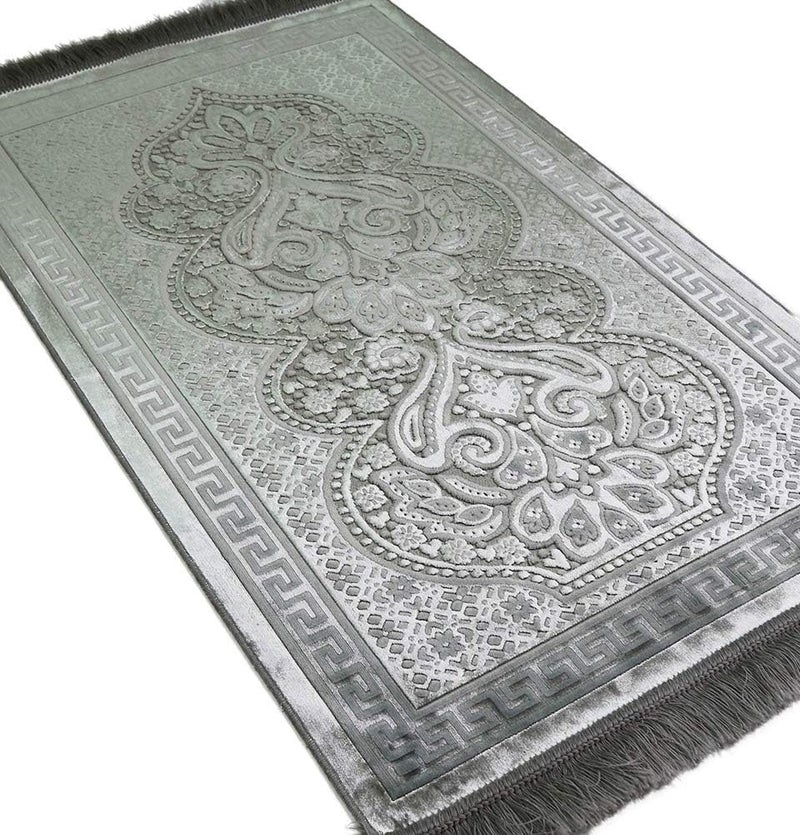 Modefa Luxury Velvet Prayer Rug with Prayer Beads | Soft Elegant Muslim Turkish Janamaz Sajada Carpet for Men and Women | Plain Solid Prayer Mat Ramadan Eid Gift - Paisley (Silver Grey) - Image 5