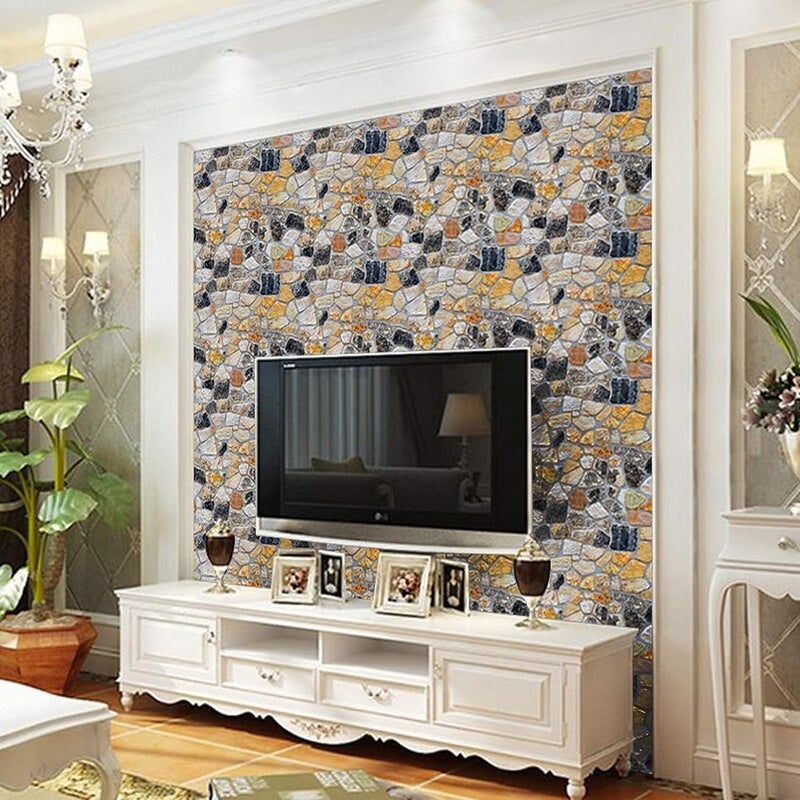 wolpin ملصقات حائط وولبين من PVC 3D ورق جدران حجري (45 سم × 10 م) صخور طبيعية تصميم مطاعم وغرف معيشة ملصقات لاصقة ذاتيًا، أصفر - Image 3