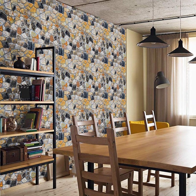 wolpin ملصقات حائط وولبين من PVC 3D ورق جدران حجري (45 سم × 10 م) صخور طبيعية تصميم مطاعم وغرف معيشة ملصقات لاصقة ذاتيًا، أصفر - Image 4