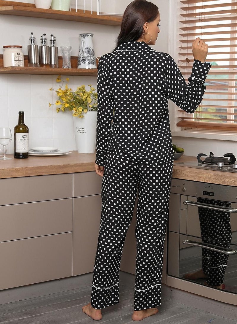 Loquat Women's Polka Dots 2-Piece Set Pajamas Long Sleeve Lapel Top And Pants Soft Loungewear Nightgown Suit Leisure Wear  - Image 3