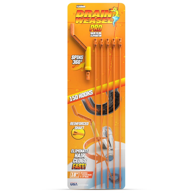 FlexiSnake Pro Drain Weasel Sink Snake Cleaner with New Molded Tip 18 Drain Snake Clog Remover Tool with Rotating Handle 5 Wand Refills Easy to Use on Drains Grates Made in USA 5Pack