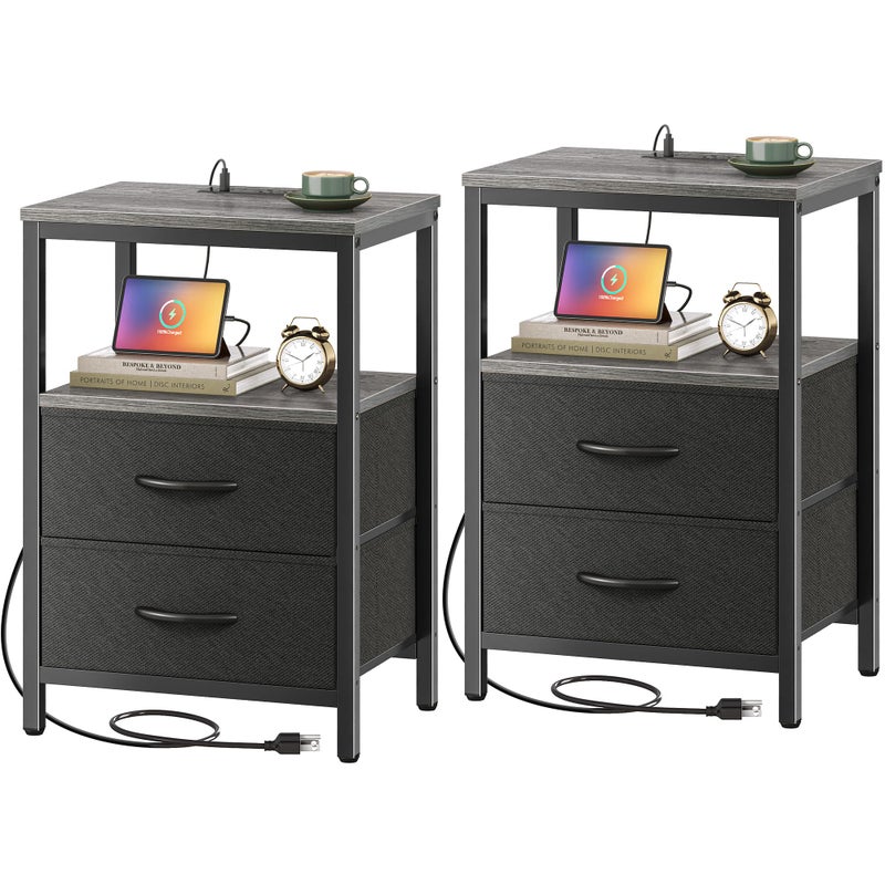 Huuger Nightstands Set of 2, End Tables with Charging Station, Side Tables with Fabric Drawers, Bedside Tables with USB Ports and Outlets, Night Stands for Bedroom, Charcoal Gray - Image 1