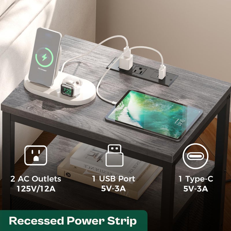 Huuger Nightstands Set of 2, End Tables with Charging Station, Side Tables with Fabric Drawers, Bedside Tables with USB Ports and Outlets, Night Stands for Bedroom, Charcoal Gray - Image 3