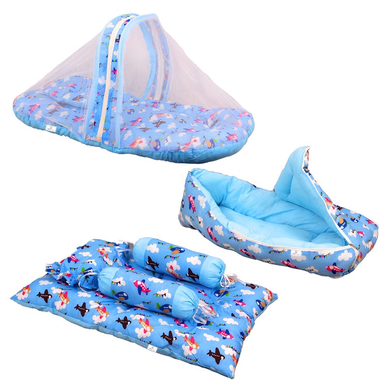 SafeChamp Skyler Baby 4 Piece Bedding Set with Pillow and 2 Bolsters and Sleeping Bag and Bedding Set Combo (Pack - 3) (Blue) - Image 1
