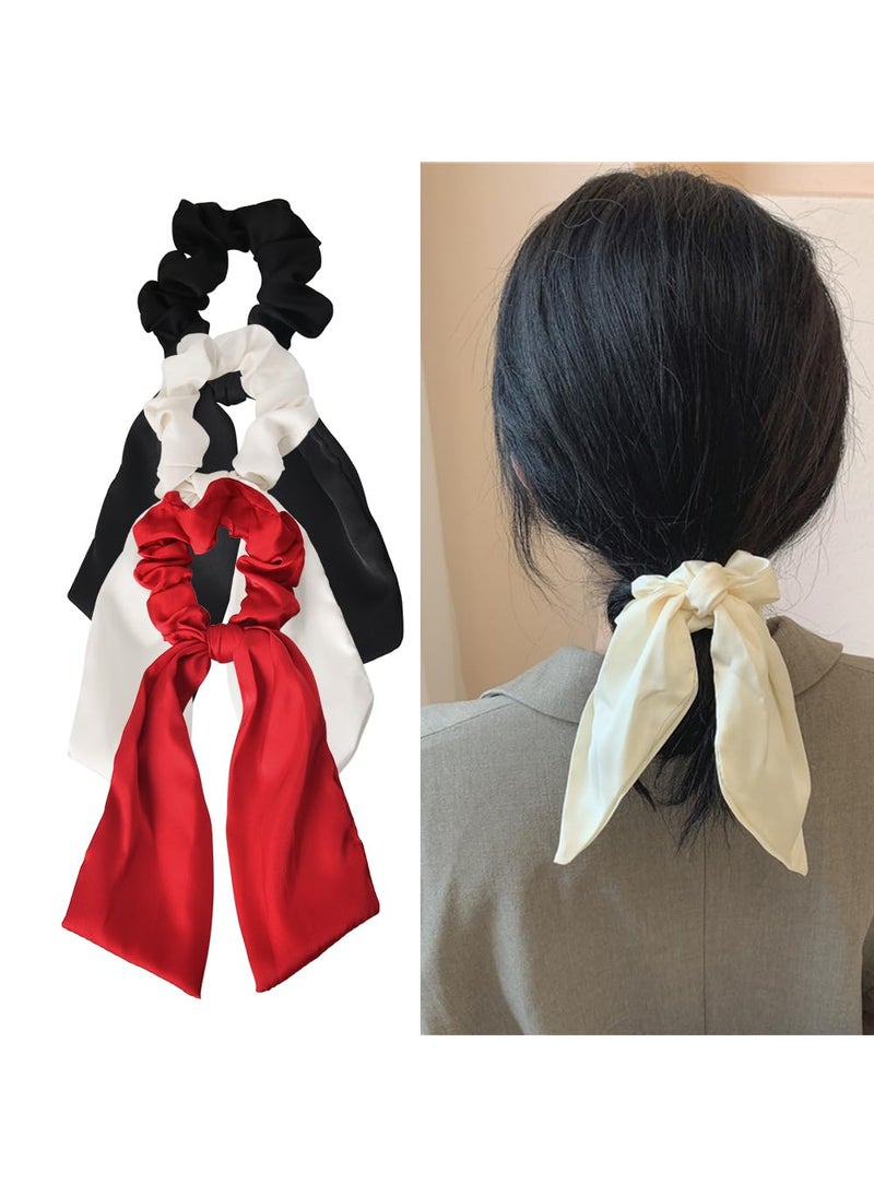 Xiyantiji - Ribbon Hair Bows for Women Black Red Bow Hair Ties for Girls Silky Satin Hair Bow Scrunchies with Long Ribbons Beige Bowknot Hair Ropes Accessories Elastic Hair Scarf Bands Ponytail Holders 3PCS - Image 1