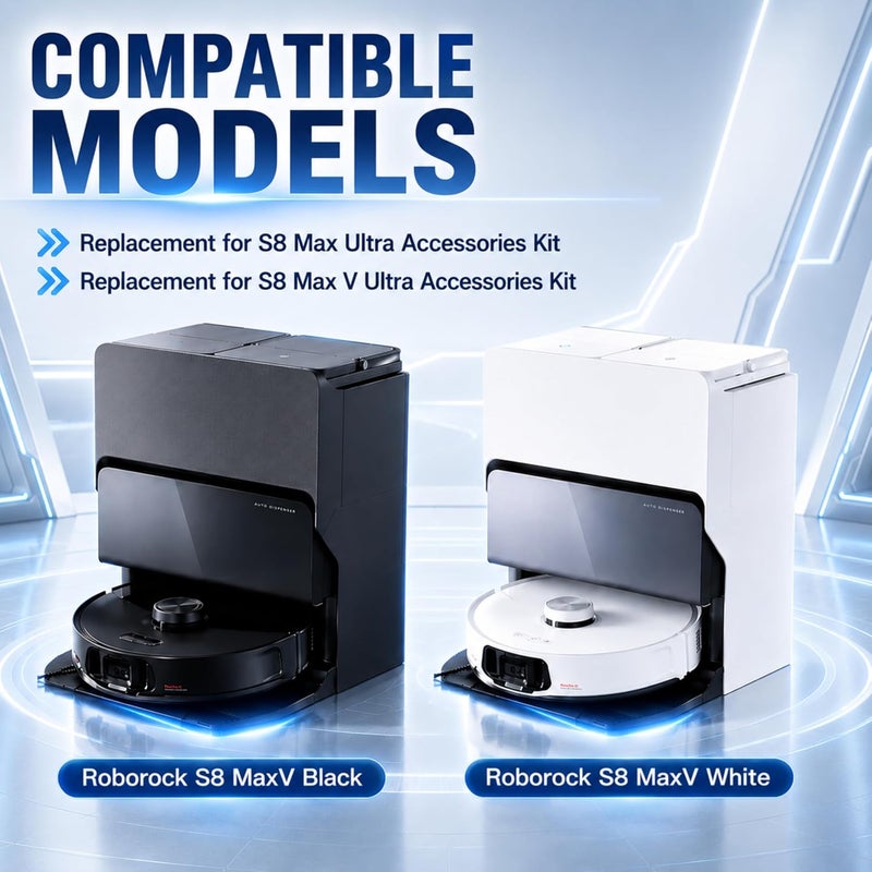 Bluearks مجموعة إكسسوارات بسعر 29 دولارًا، متوافقة مع مكنسة الروبوت Roborock S8 MaxV Ultra، تشمل: فرشاة تنظيف واحدة، فرشاة دوارة اثنتين، 4 مناديل تنظيف، 4 فلاتر هيبا (Hepa Filters)، 6 فرشاة جانبية، 6 أكياس للتنظيف، وقطع غيار لمكنسة S8 MaxV. - Image 2