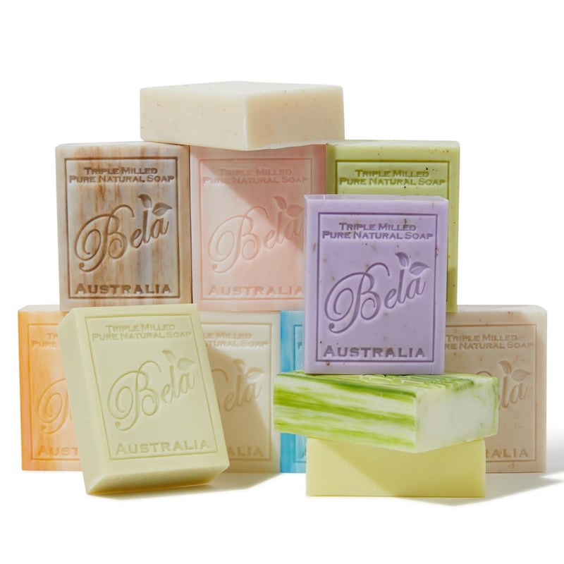 BELA Triple Milled Soap Variety Pack 33 OZ Pack of 12 Long Lasting French Triple Milled Bar Soap with Organic Shea Butter Hand Face and Body Soap Bar Made in Australia
