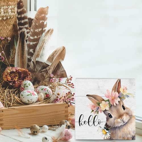 MIGUMUTU Rustic Spring Easter Decorations Bunny Rabbit Wreath Desk Decor Cute Hello Wood Box Sign Farmhouse Home Office Desk Shelf Cubicle Decor 5 X 5 Inch - Image 5