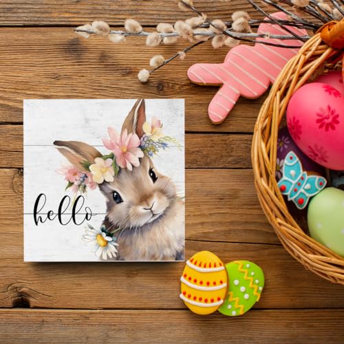 MIGUMUTU Rustic Spring Easter Decorations Bunny Rabbit Wreath Desk Decor Cute Hello Wood Box Sign Farmhouse Home Office Desk Shelf Cubicle Decor 5 X 5 Inch - Image 4