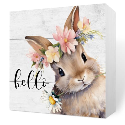 MIGUMUTU Rustic Spring Easter Decorations Bunny Rabbit Wreath Desk Decor Cute Hello Wood Box Sign Farmhouse Home Office Desk Shelf Cubicle Decor 5 X 5 Inch - Image 1