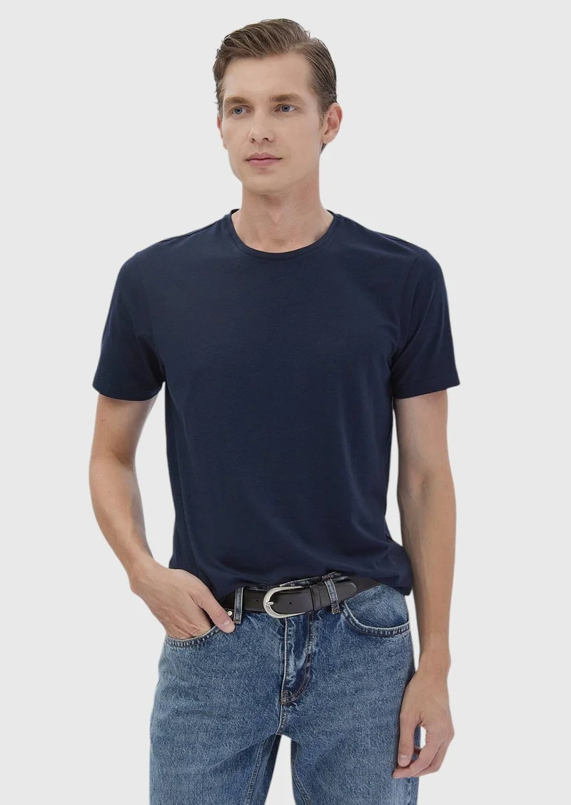 RAMSEY Navy Blue Plain Cotton Blended T-Shirt
