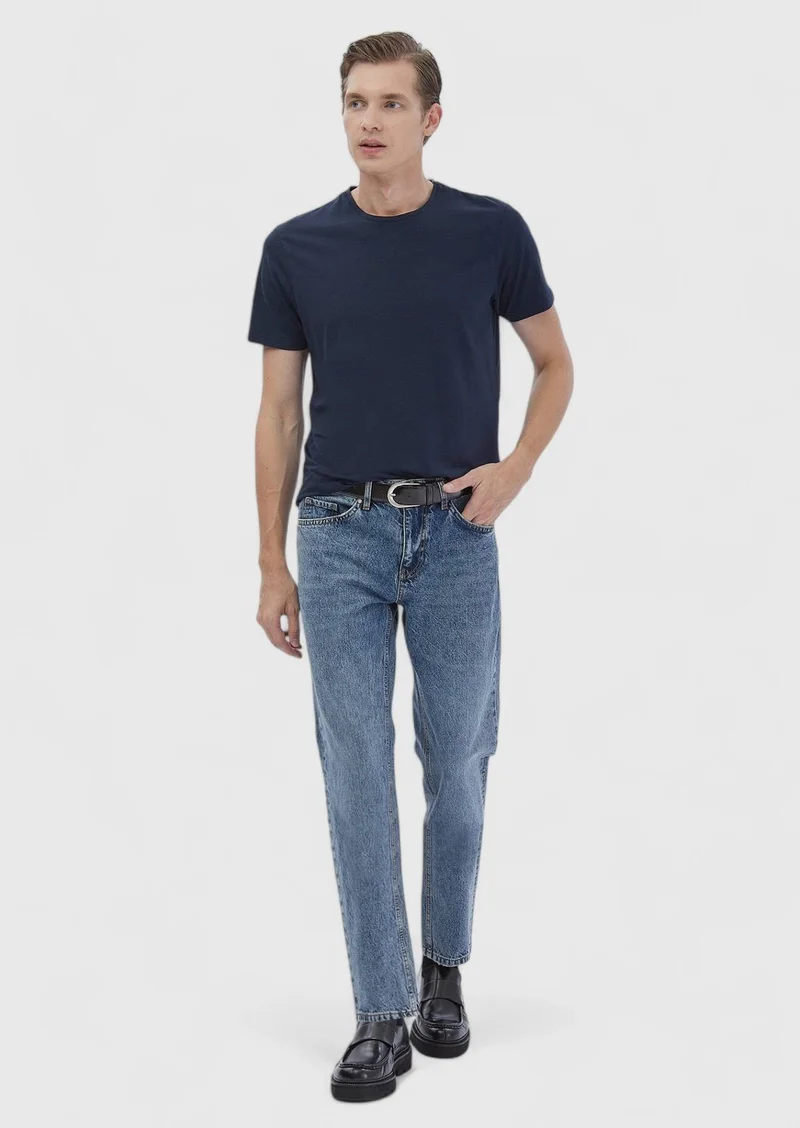 RAMSEY Navy Blue Plain Cotton Blended T-Shirt