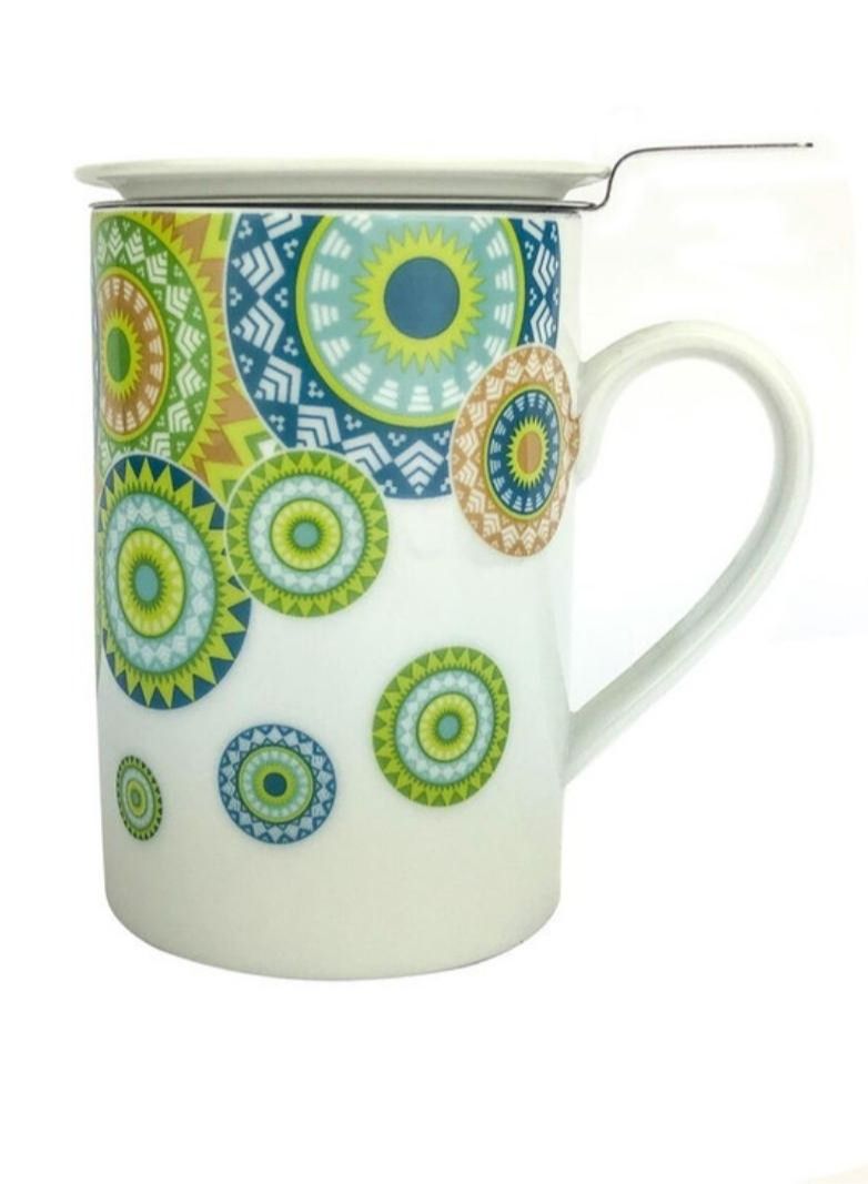 Tealand Microwave Safe Fine Porcelain Green Wheel Design Mug with Lid And infuser for Loose Leaf Tea (0.375L)  3pc - Image 1