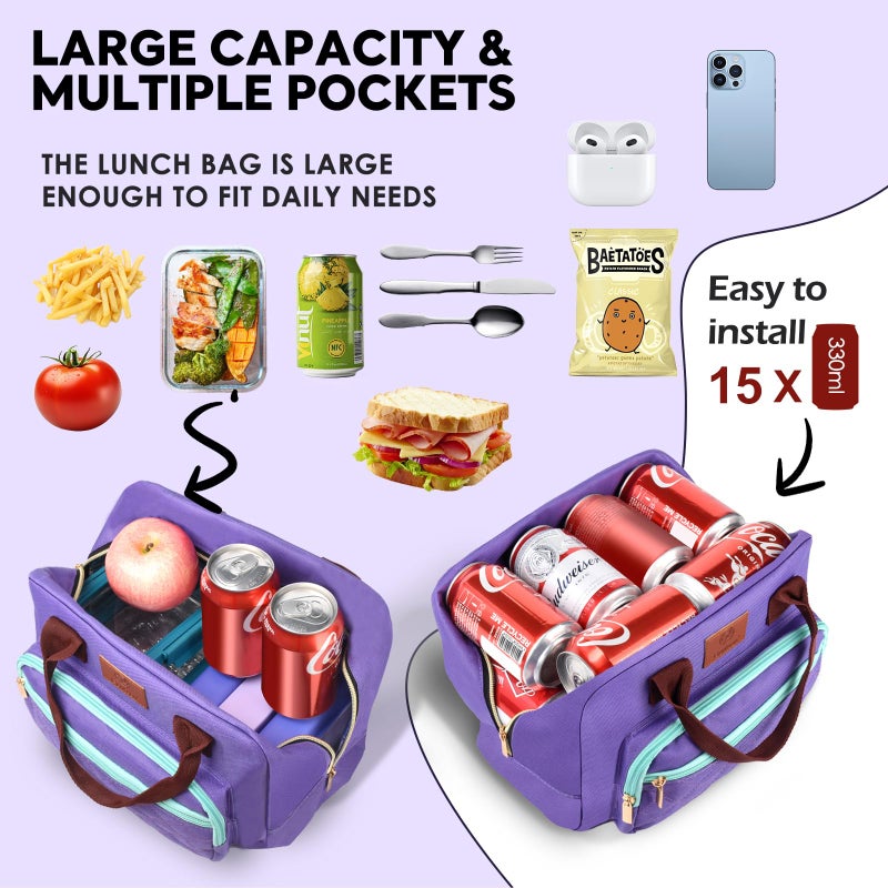 Genteen Lunch box for Women, Girls Teens Insulated Lunch Bags for Women, Womens LunchBox for Work, School, Picnic or Travel with Front Pocket -15 Cans/14 Liters Purple - Image 4