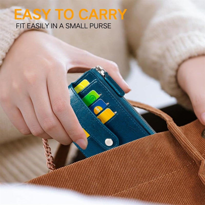 Huztencor Credit Card Holder for Women RFID Small Wallet Women Slim - Multi Zipper Card Case with Keychain Blue - Image 5