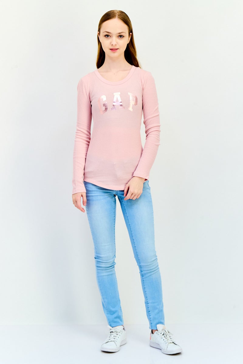 GAP Women Crew Neck Long Sleeve Brand Logo Top, Pink - Image 4