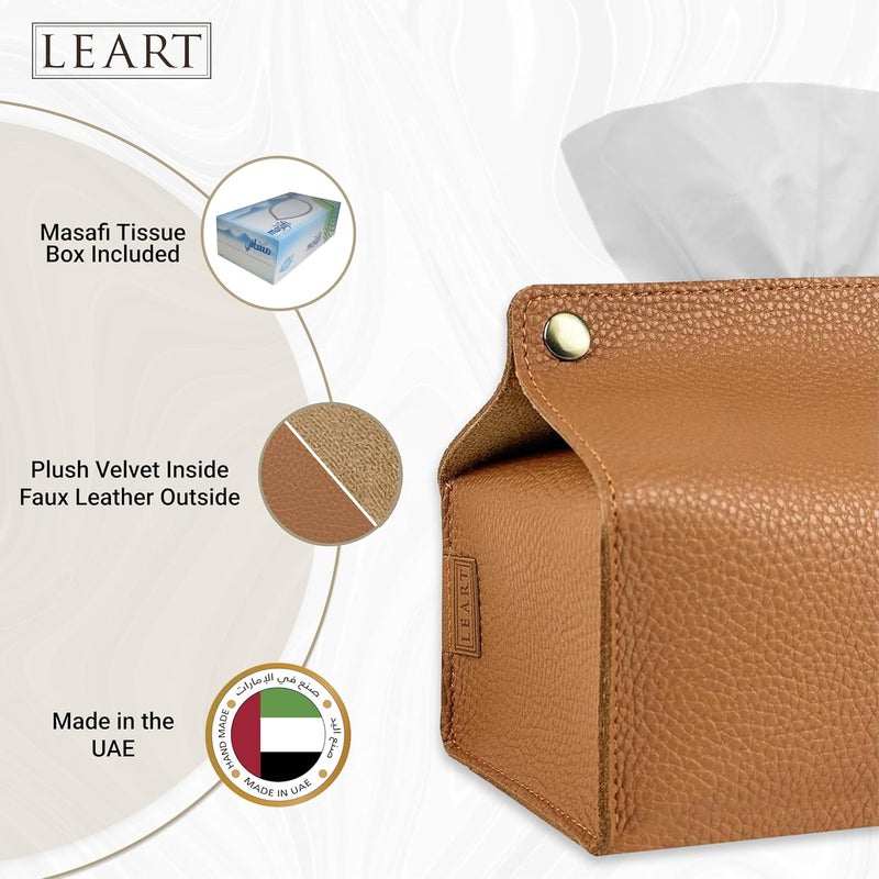 لي آرت LEART حامل علبة المناديل الجلدي – حامل علبة المناديل لديكور المنزل لغرفة المعيشة وغرفة النوم والمكتب | غطاء علبة المناديل | حامل المناديل للسيارة | غطاء علبة المناديل للسيارة (كراميل) - Image 2