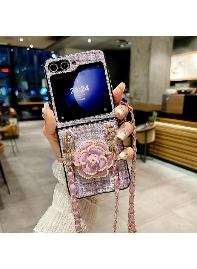 اس-توب جراب لهاتف Samsung Galaxy Z Flip6 من قماش الكاميليا المنقوش مع حبل طويل - Image 2